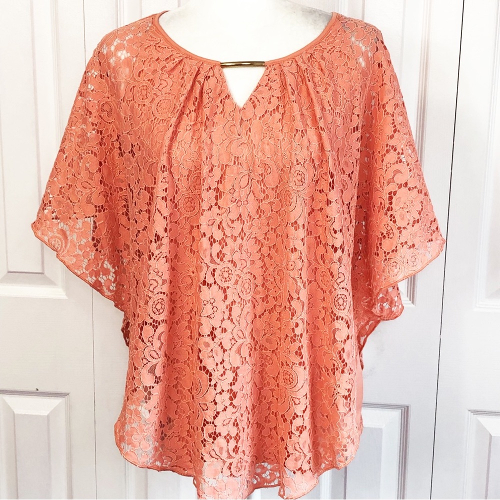 Simply Emma Peach Orange Sheer Floral Lace Poncho Sleeve Blouse 1X